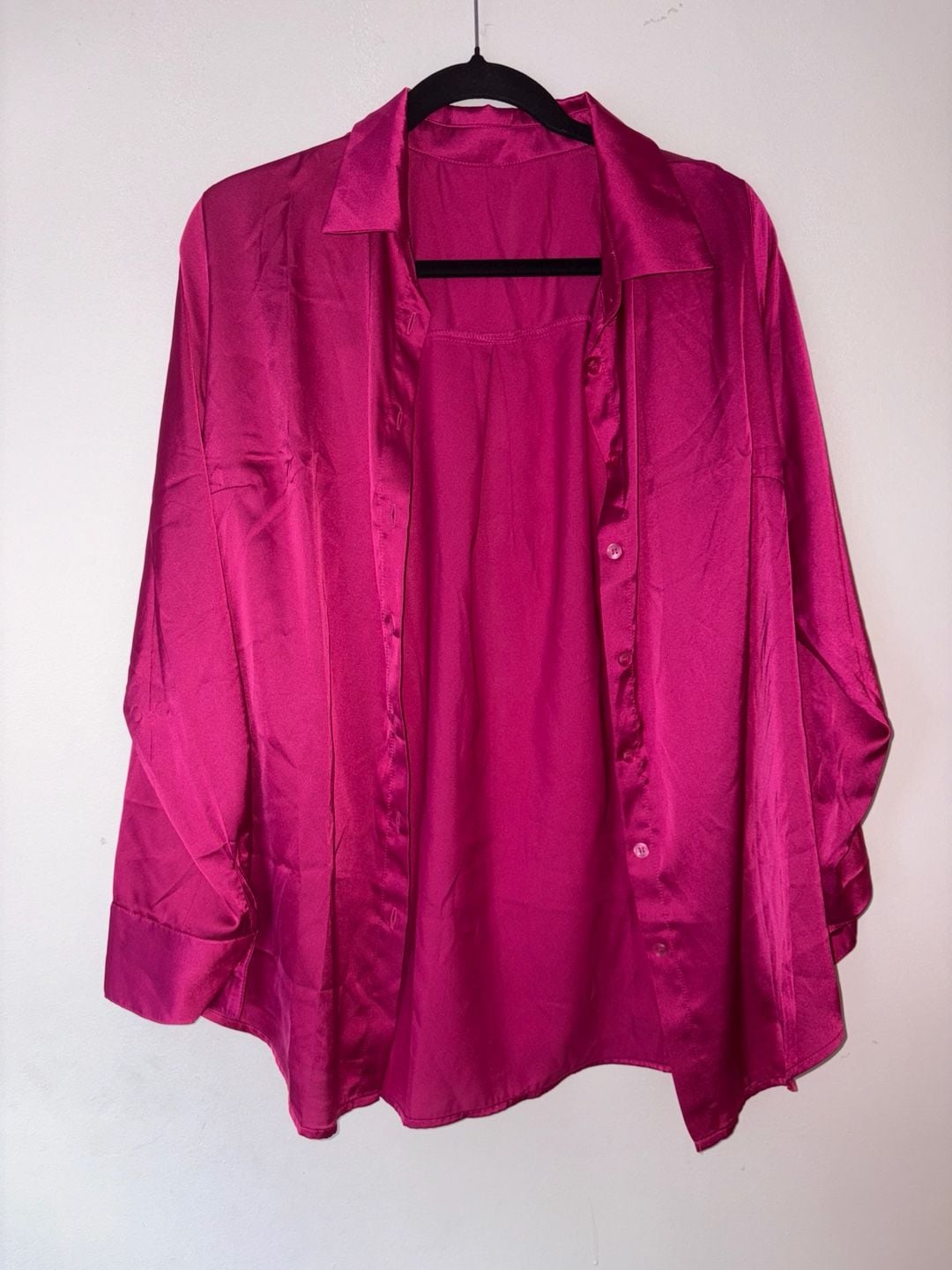 Fashion Nova Satin Shirt Hot Pink Long Sleeve Button Down 2