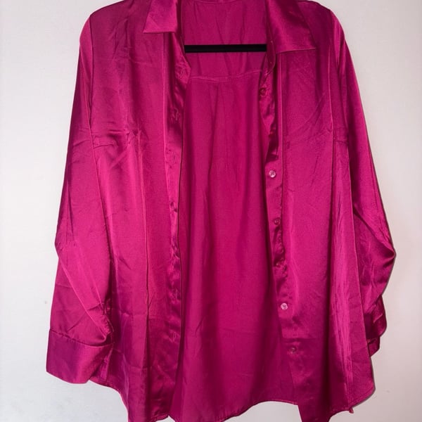 Fashion Nova Satin Shirt Hot Pink Long Sleeve Button Down
