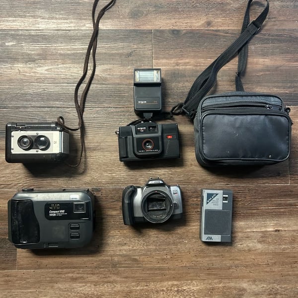 Vintage Camera Lot JVC Camcorder Canon EOS SLR Argus 100 35mm Radio Bag UNTESTED
