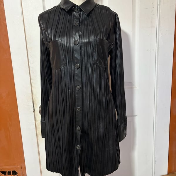 Maniere De Voir Faux Leather Pleated Shirt Dress Black