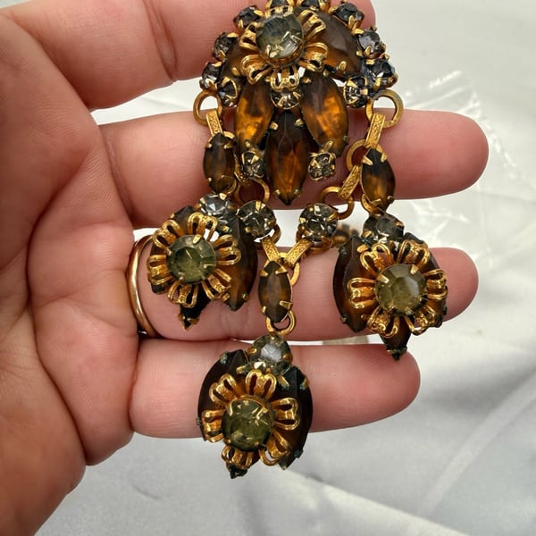 Vintage Pat Pend Amber Rhinestone set Clip Earrings and brooch