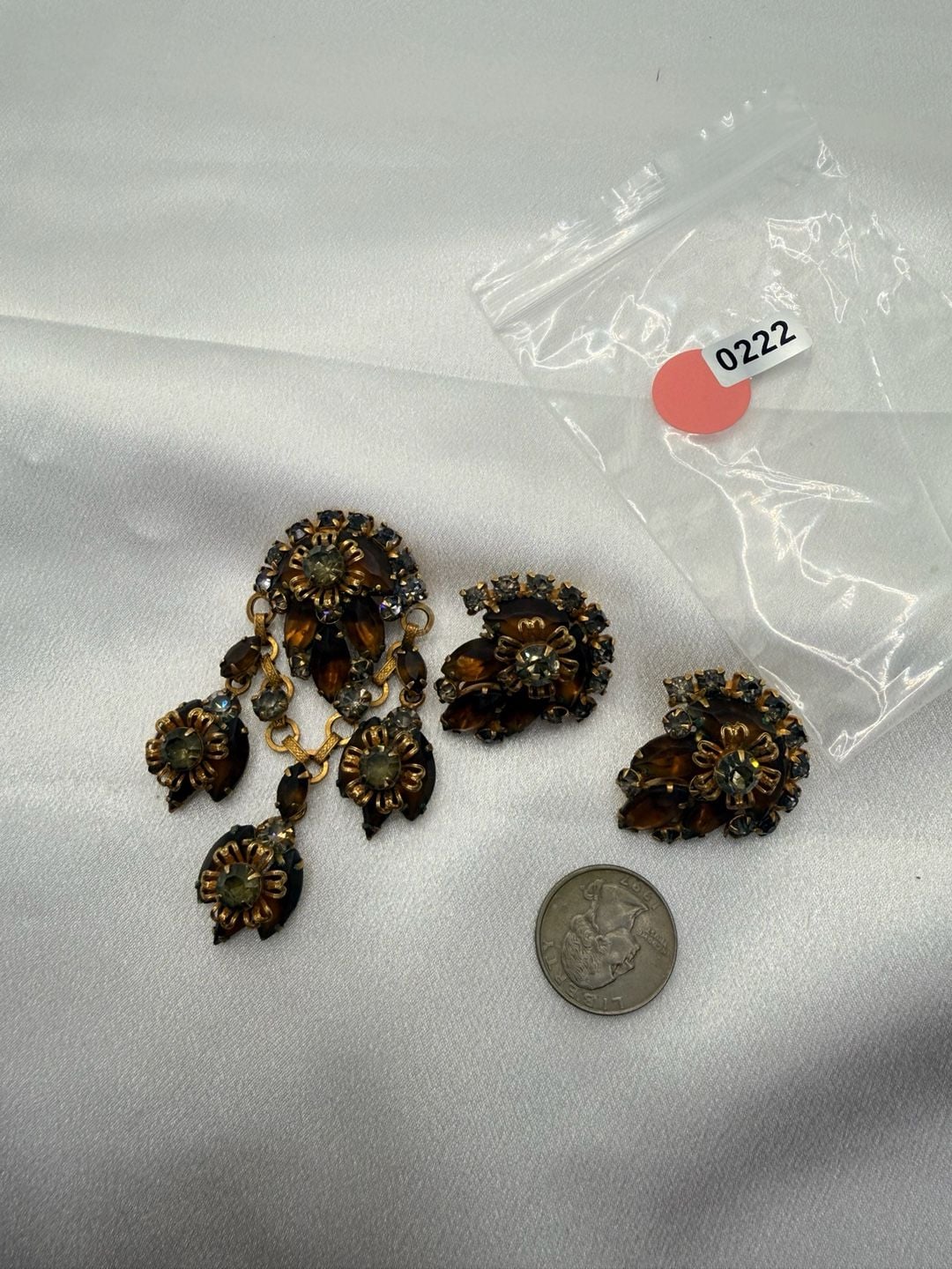 Vintage Pat Pend Amber Rhinestone set Clip Earrings and brooch 2