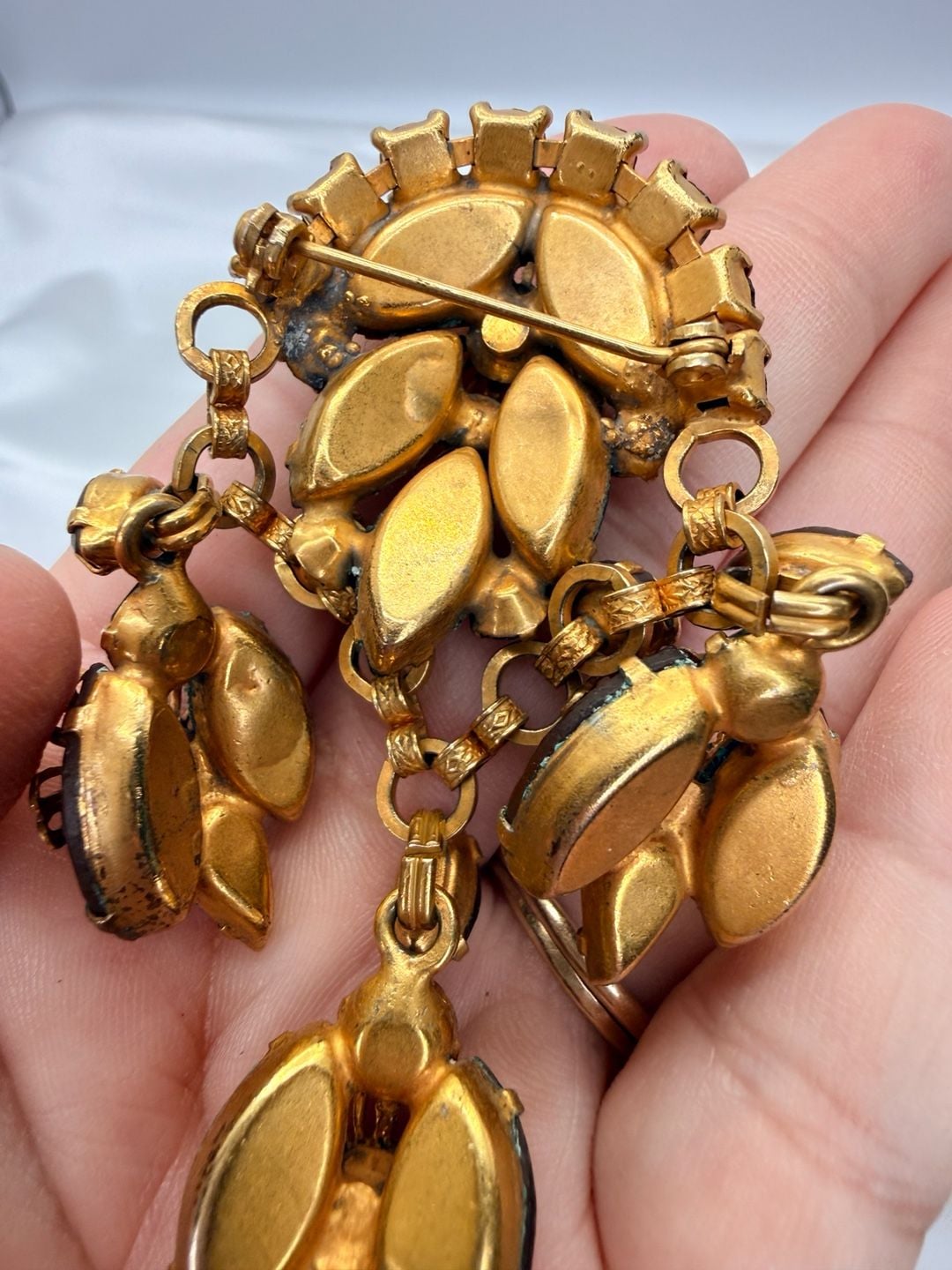 Vintage Pat Pend Amber Rhinestone set Clip Earrings and brooch 7