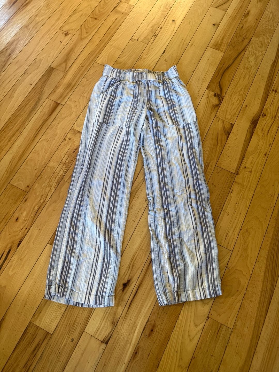 SO Striped Linen Blend Wide Leg Pants Size S Blue White Beach Lounge 2
