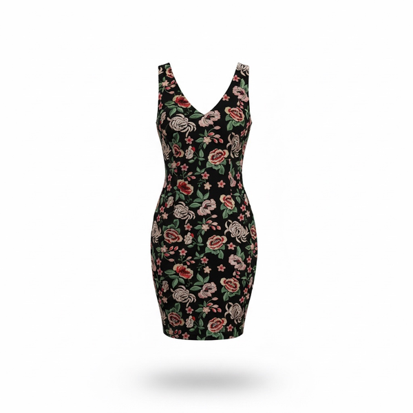 Donna Ricco New York Black Floral Embroidered Sleeveless V-Neck Midi Dress
