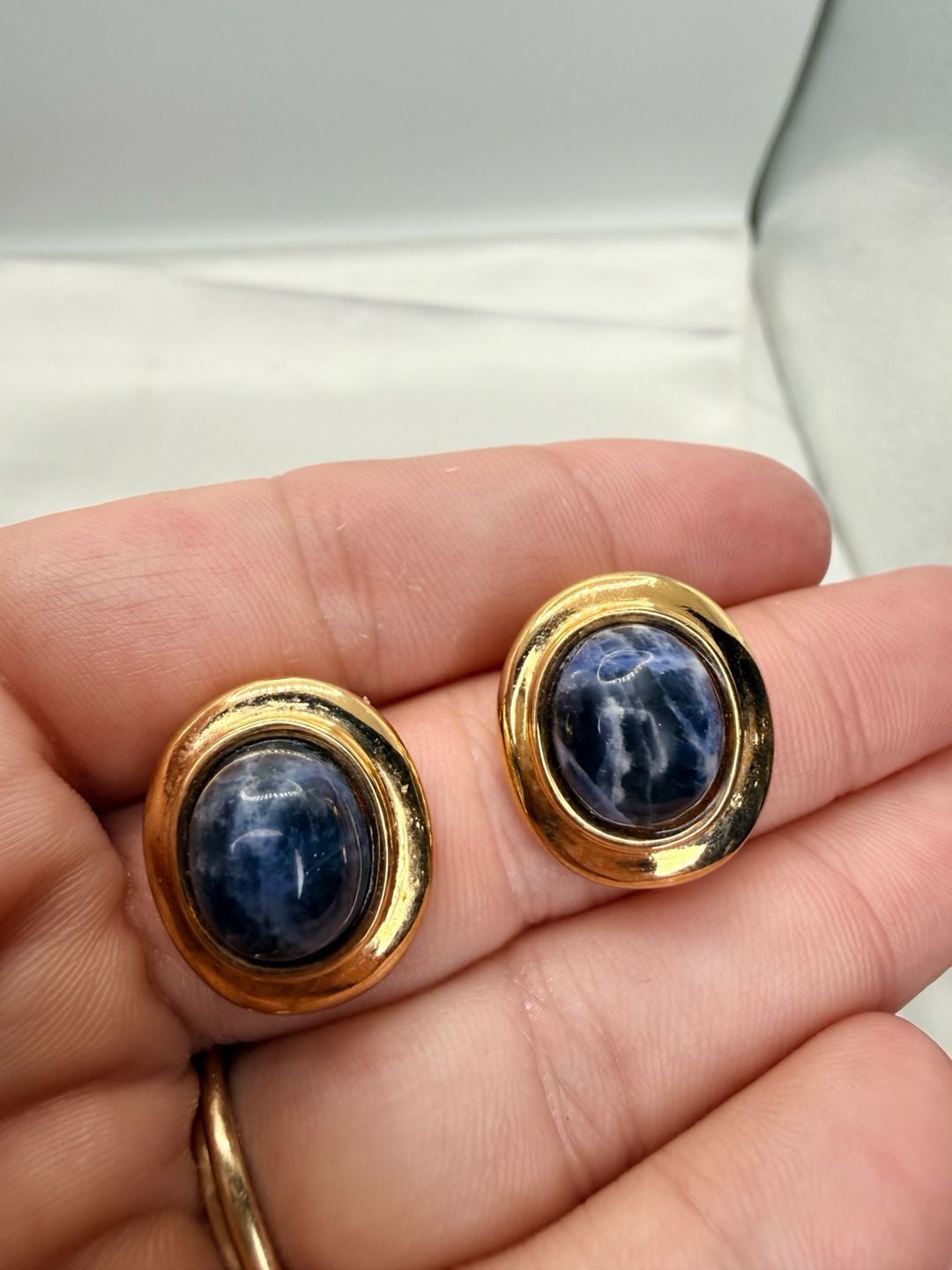 Francesca Romana Clip-On Earrings Blue Cabochon Gold Tone 2