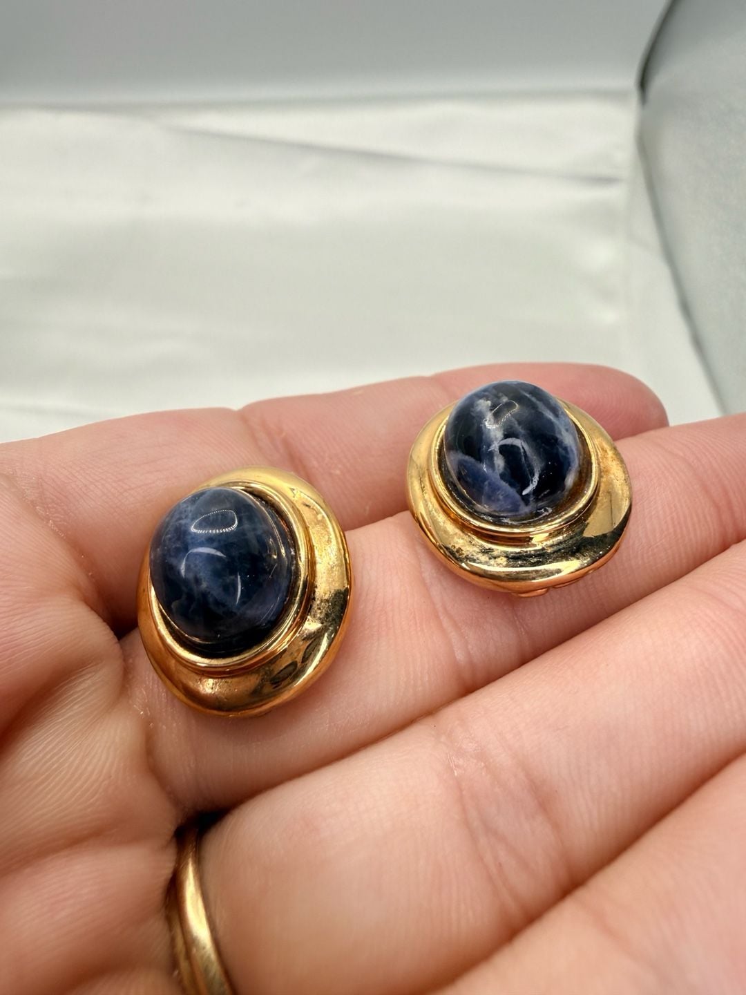 Francesca Romana Clip-On Earrings Blue Cabochon Gold Tone 3