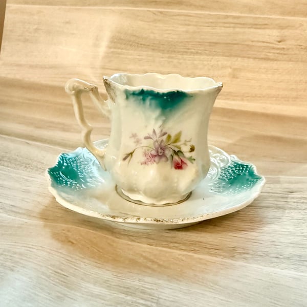Vintage Porcelain Teacup And Saucer Set Floral Teal