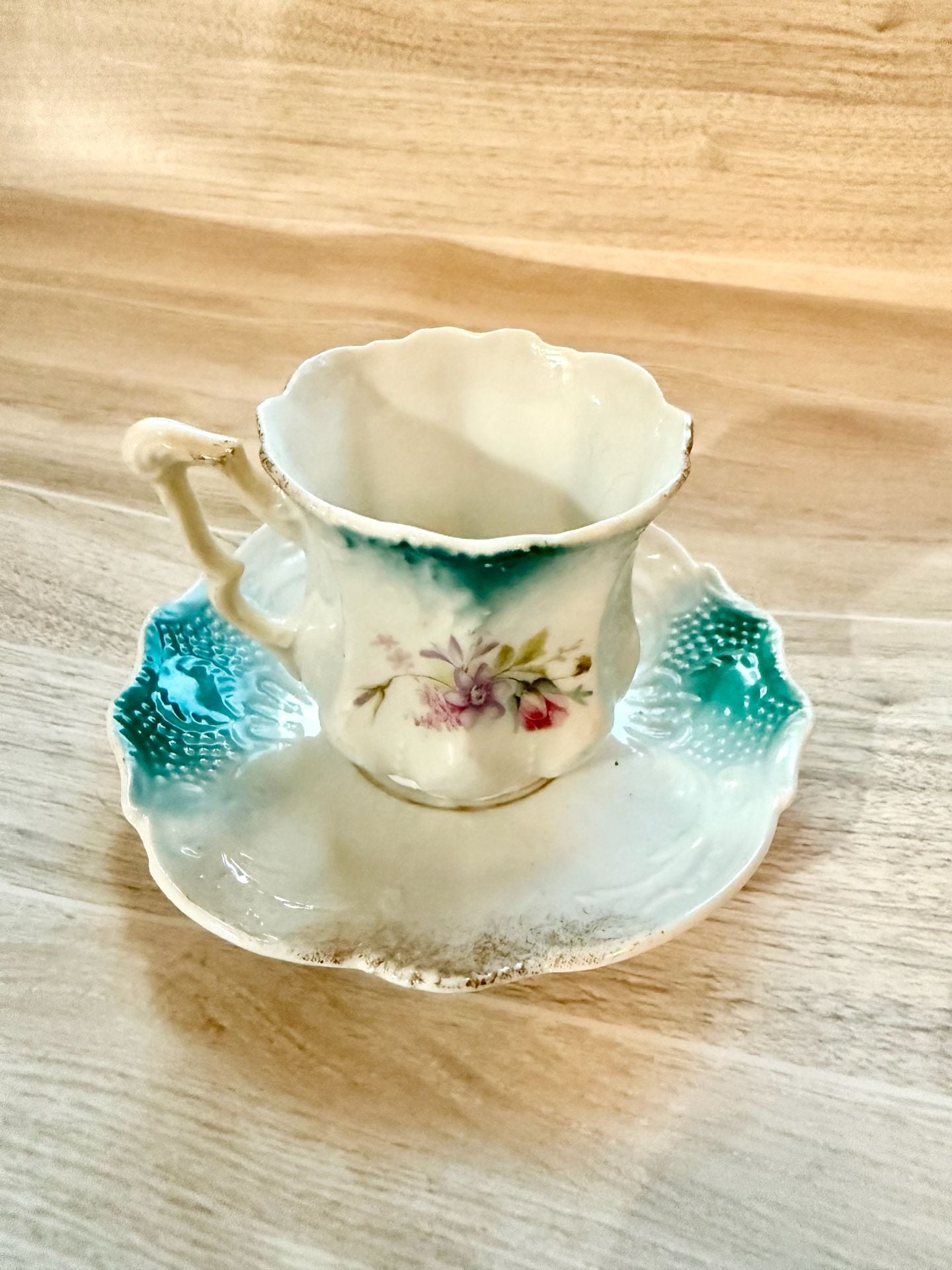 Vintage Porcelain Teacup And Saucer Set Floral Teal 2