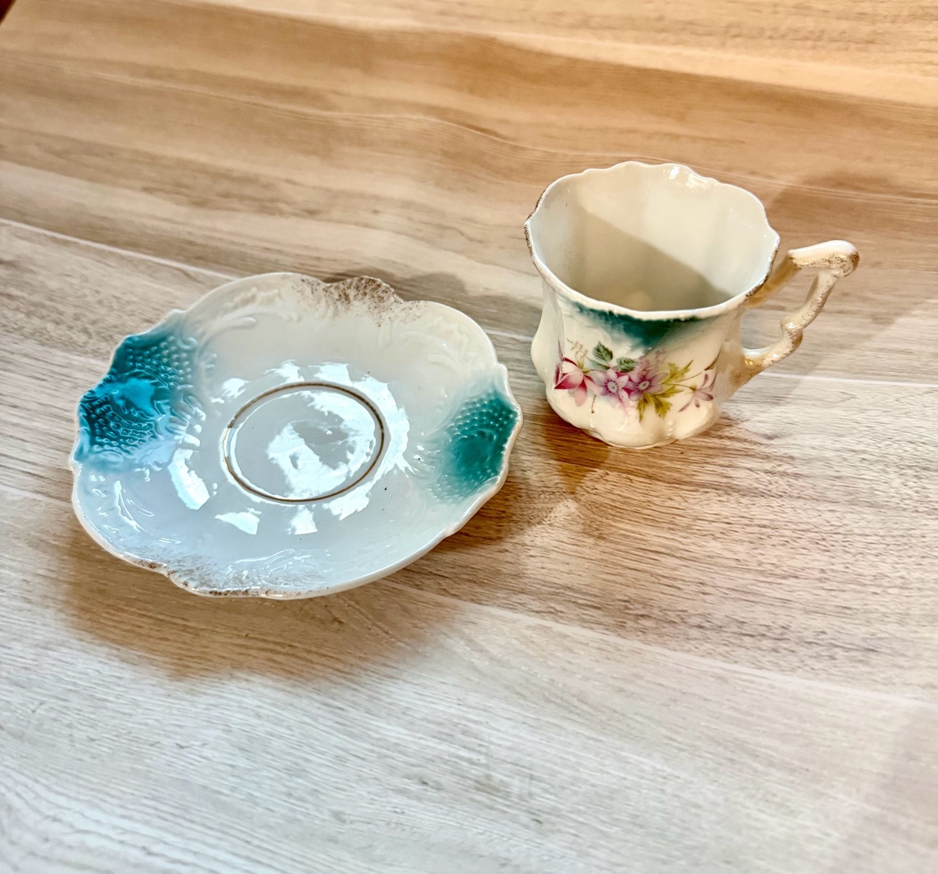 Vintage Porcelain Teacup And Saucer Set Floral Teal 3