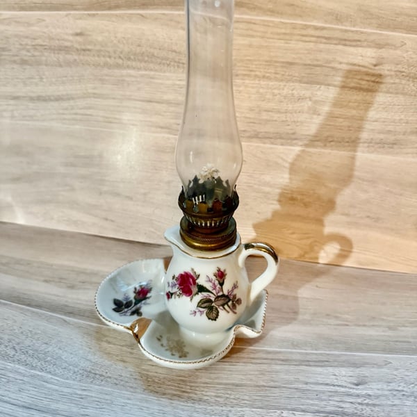 Vintage Mini Porcelain Oil Lamp Floral Rose Genie