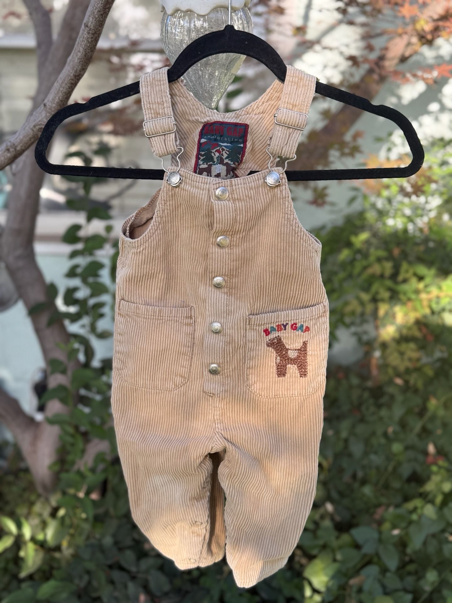 Vintage Baby Gap Exploration Corduroy Overalls 12-18 mths Tan Dog Embroidery ASIS 2