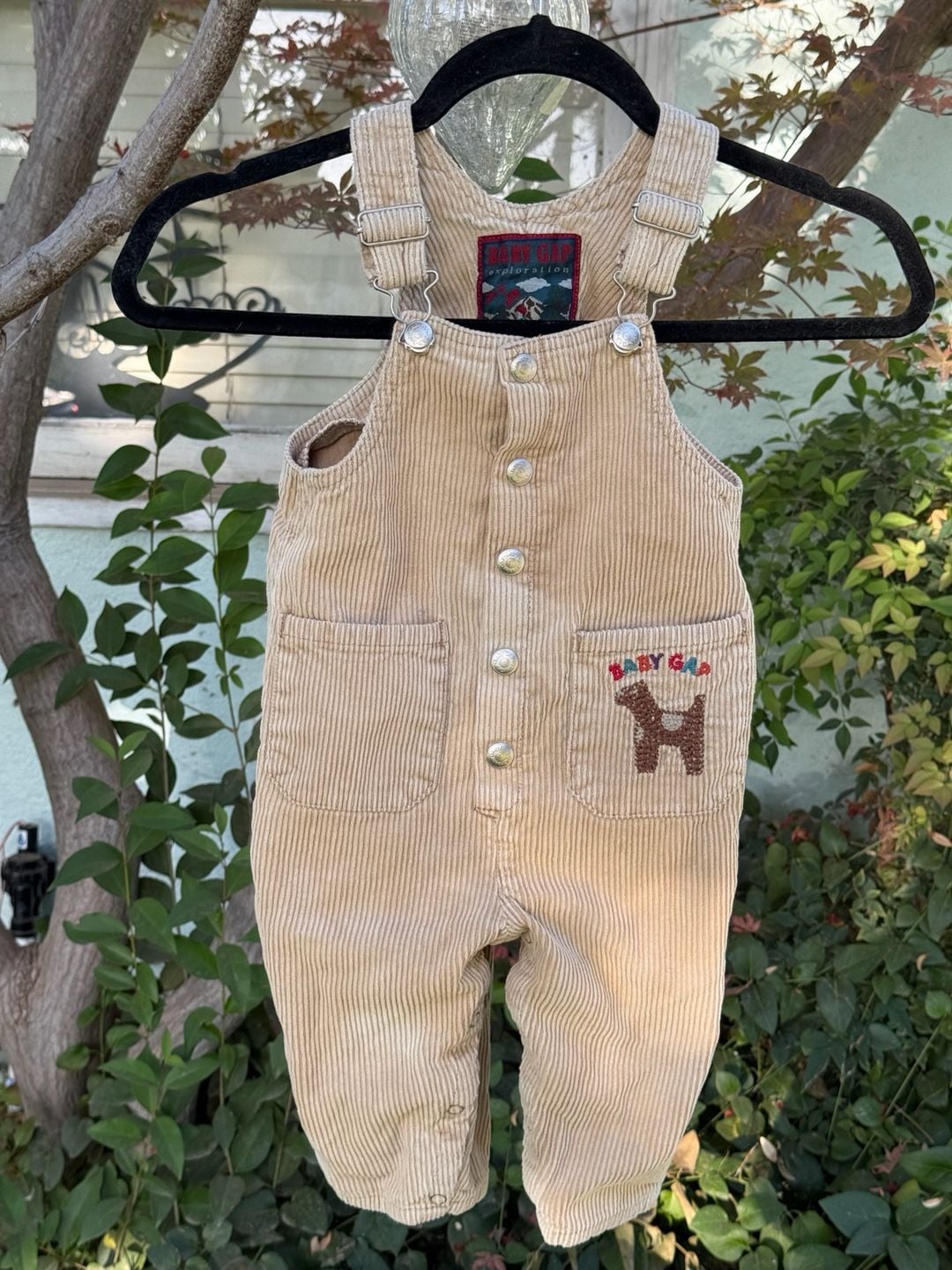 Vintage Baby Gap Exploration Corduroy Overalls 12-18 mths Tan Dog Embroidery ASIS 10