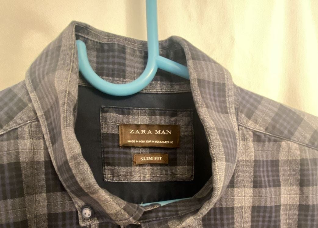 Zara Man Slim Fit Blue And Grey Plaid Long Sleeve Button Down Shirt 5