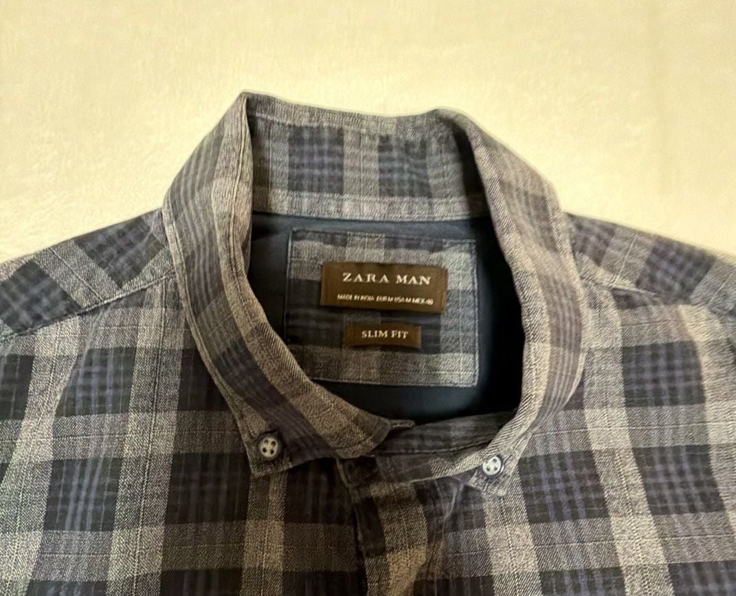 Zara Man Slim Fit Blue And Grey Plaid Long Sleeve Button Down Shirt 7