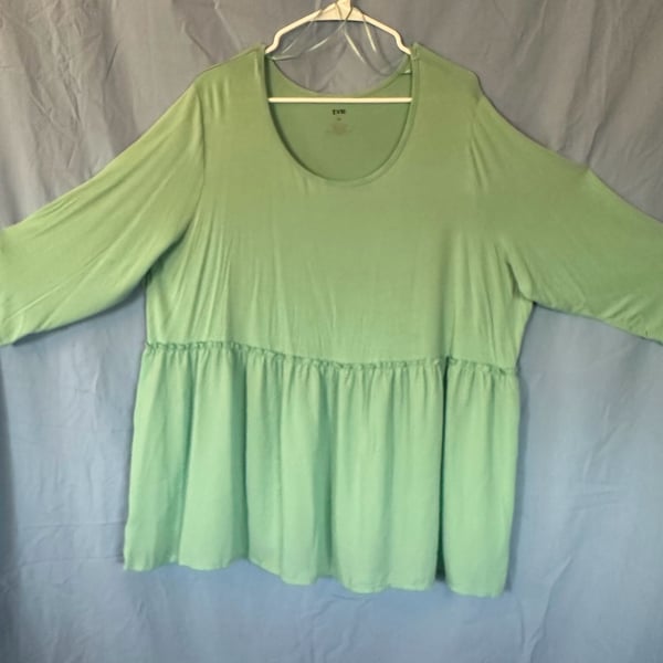 Peplum Top, Size 3X, Green Babydoll Tunic Round Neck Blouse Shirt
