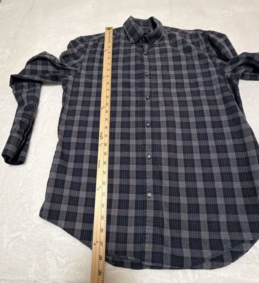 Zara Man Slim Fit Blue And Grey Plaid Long Sleeve Button Down Shirt 12