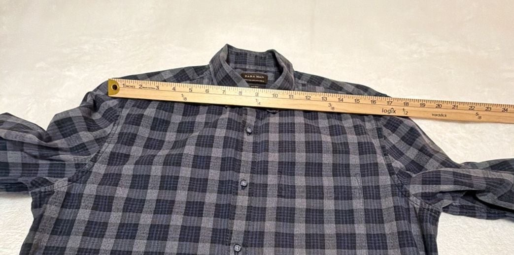 Zara Man Slim Fit Blue And Grey Plaid Long Sleeve Button Down Shirt 14