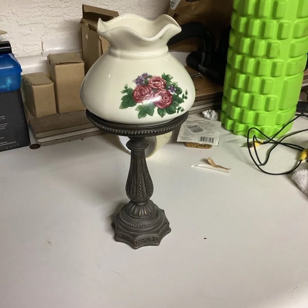 Vintage Ceramic Rose Oil Lamp with Metal Stand