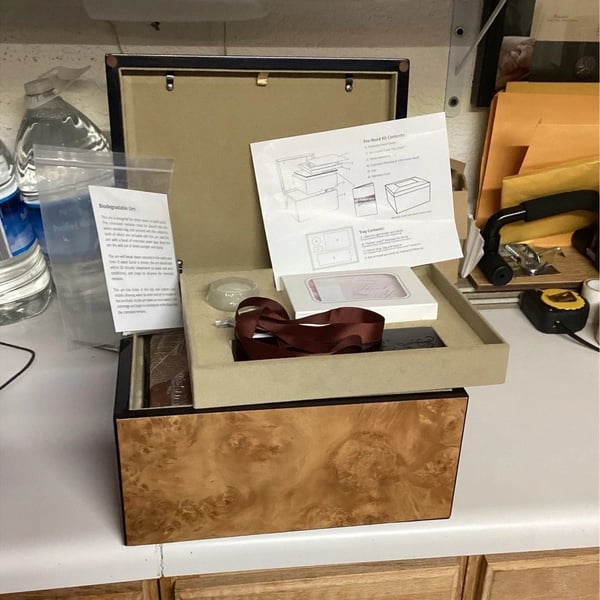 Complete Pre-Need Cremation Kit Wood Memory Box Urn Burl Finish