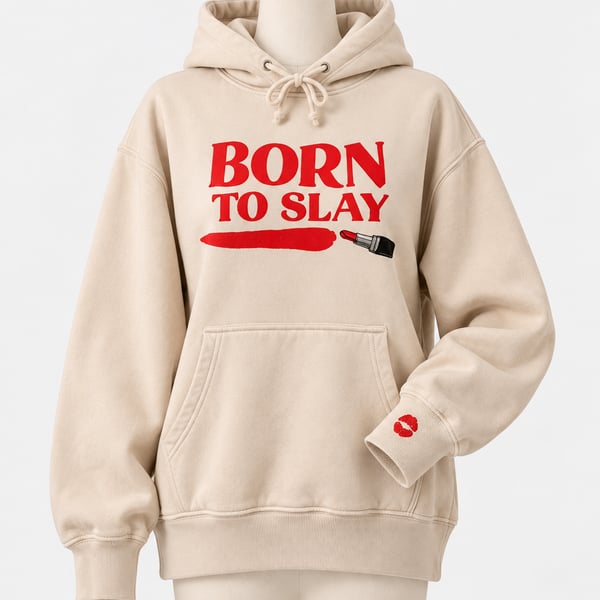 Affirmation Apparel Cream "Born to Slay" Multi-Kiss Graphic Hoodie Size: Small