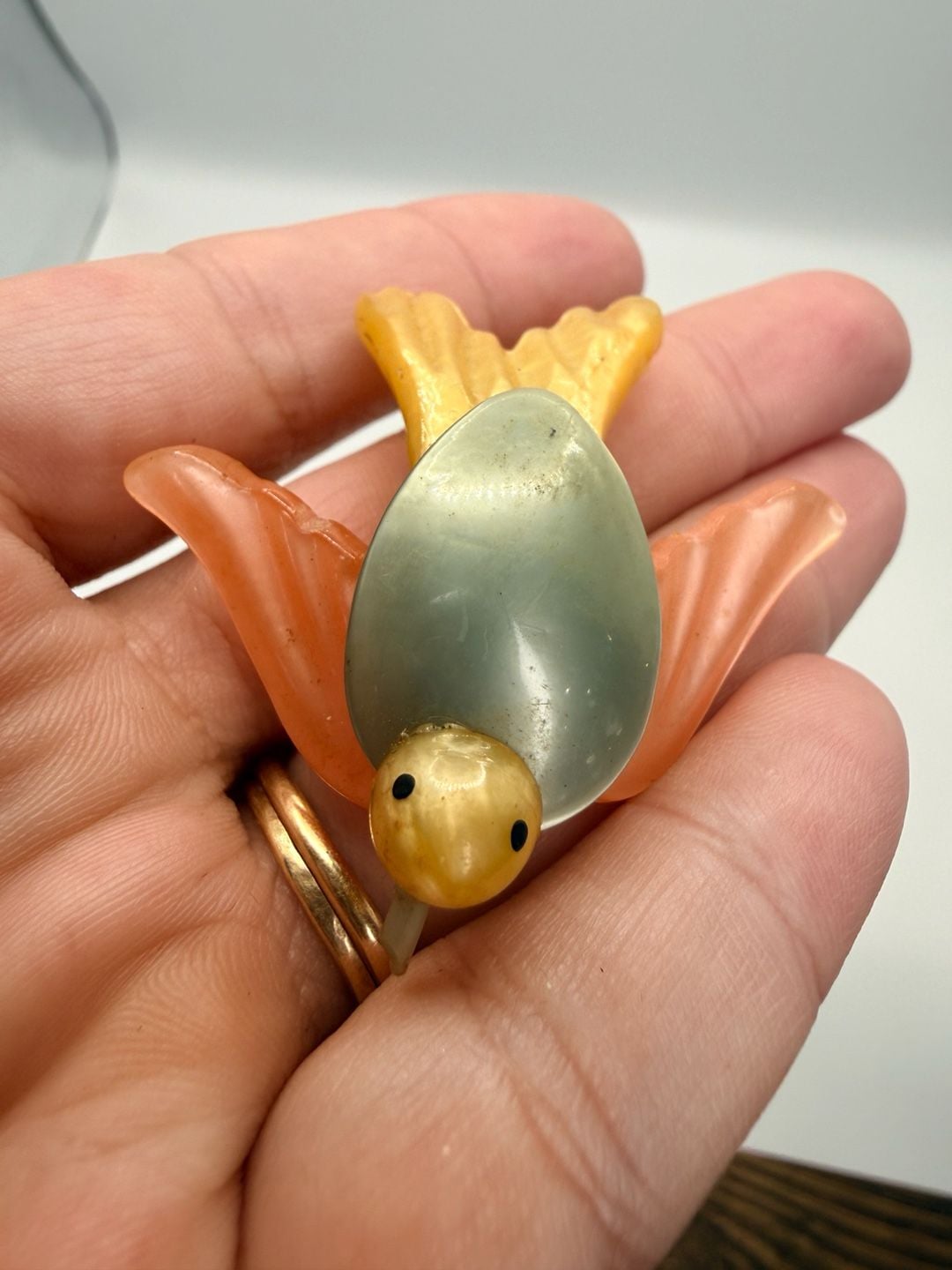 Vintage Pastel Celluloid Bird Brooch Pin as is read 2