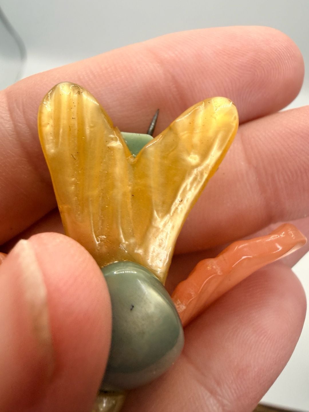 Vintage Pastel Celluloid Bird Brooch Pin as is read 3