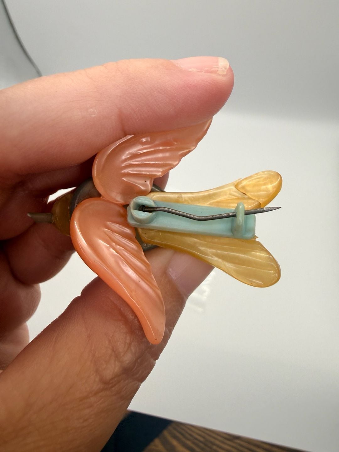 Vintage Pastel Celluloid Bird Brooch Pin as is read 5
