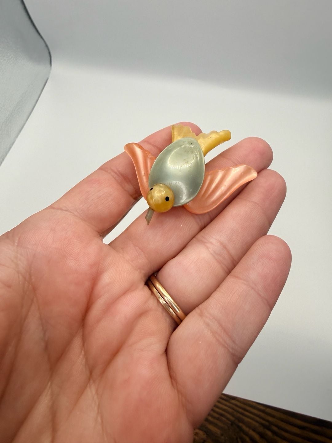 Vintage Pastel Celluloid Bird Brooch Pin as is read 8
