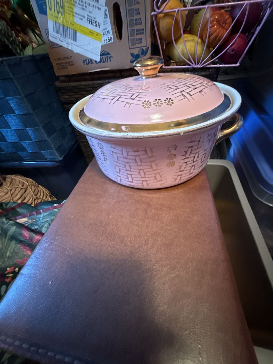 Hall Covered Casserole Dish Pink Gold Basket Weave 0756L 1