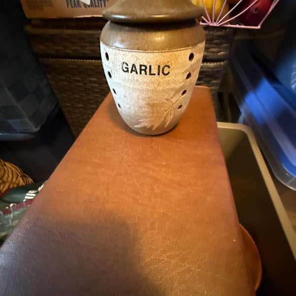 Handmade Stoneware Garlic Keeper Jar with Lid Leaf Motif