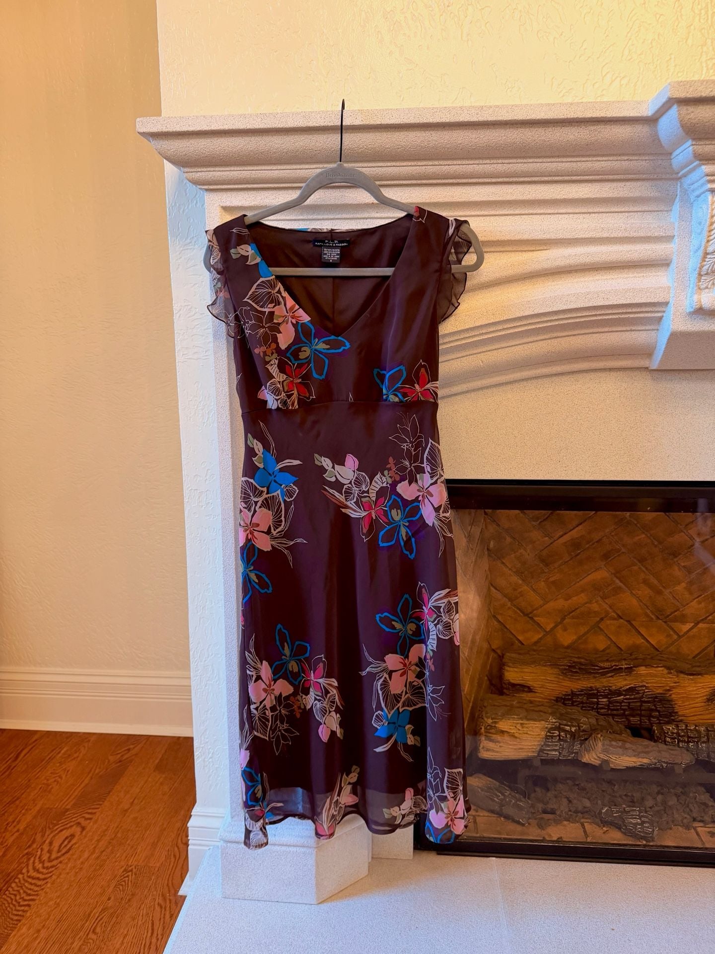F.L.P. Faith Love & Passion Dress Size 6 Brown Floral Midi Chiffon 2