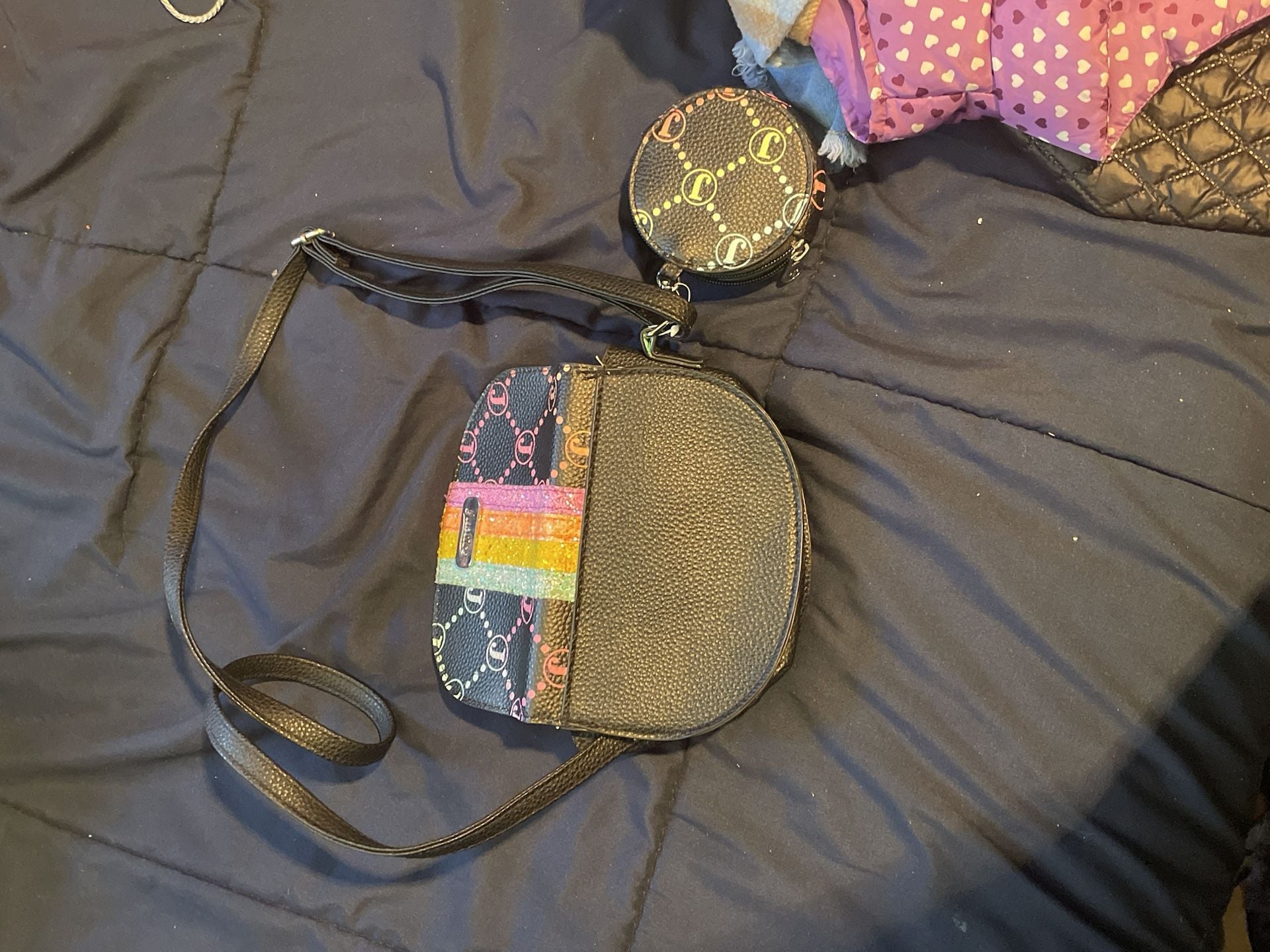 Justice Crossbody Bag Black Rainbow Glitter Monogram with Coin Pouch 5