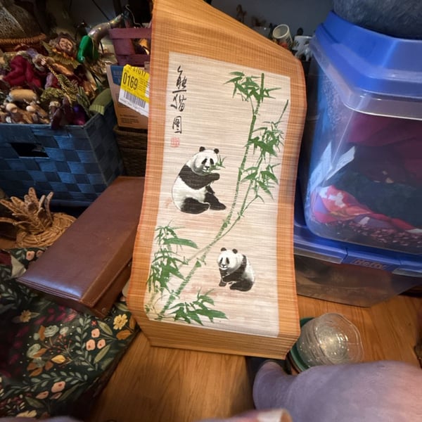 Vintage Asian Bamboo Hand-Painted Panda Scroll Oriental Wall Decor