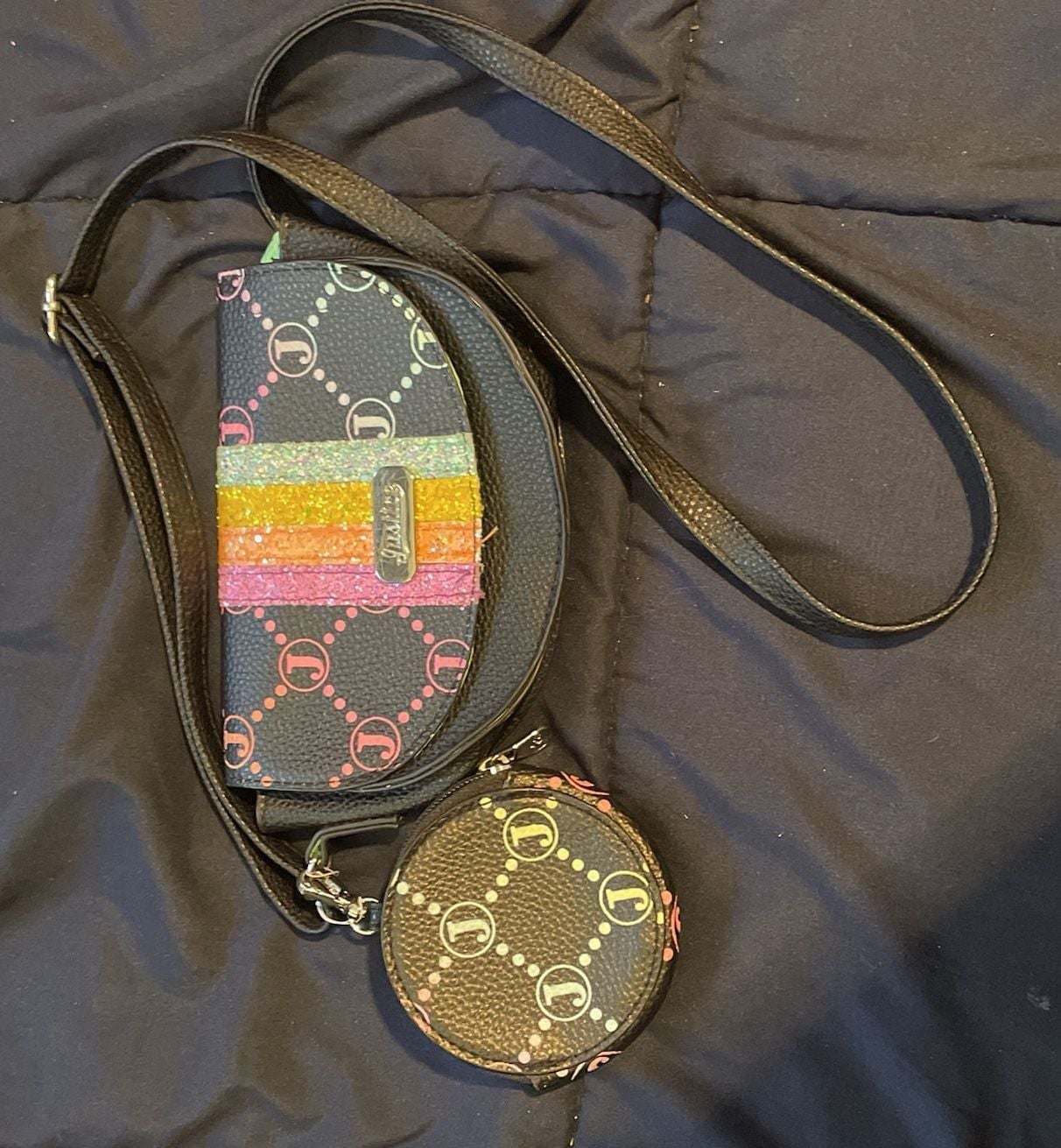 Justice Crossbody Bag Black Rainbow Glitter Monogram with Coin Pouch 1