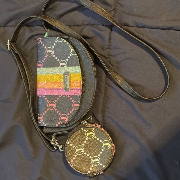 Justice Crossbody Bag Black Rainbow Glitter Monogram with Coin Pouch
