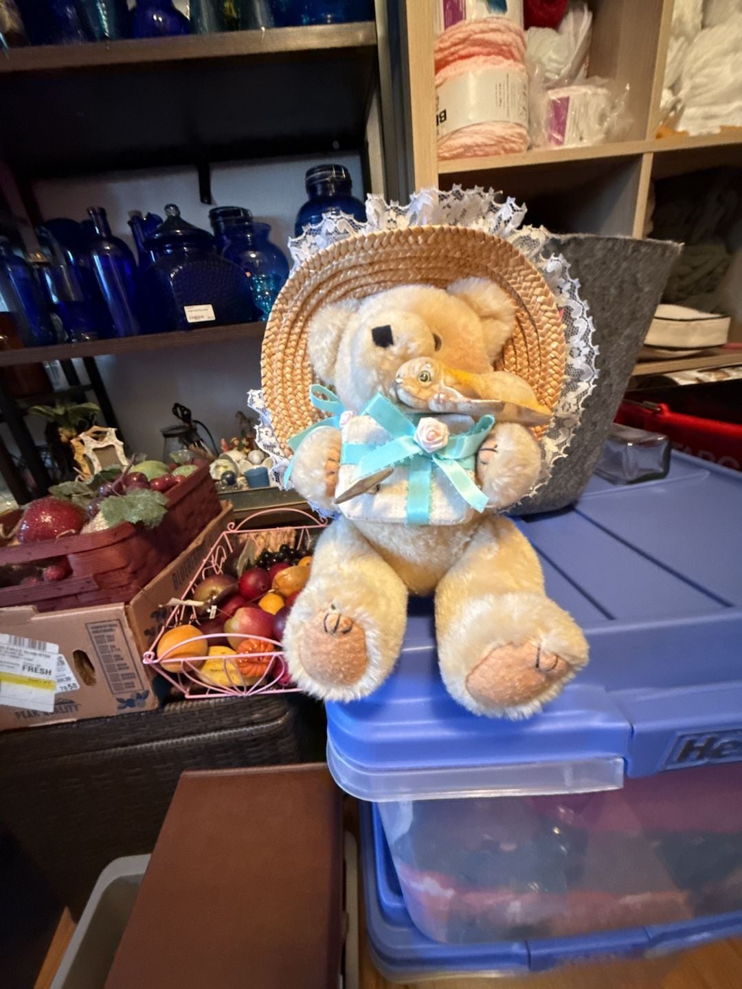Vintage Jointed Plush Teddy Bear Straw Hat Lace Blue Ribbon 1