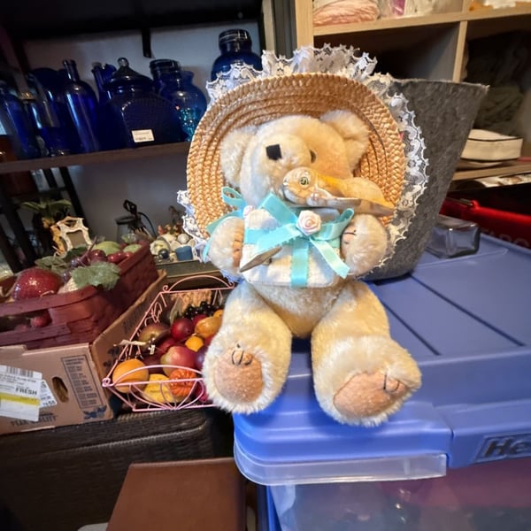 Vintage Jointed Plush Teddy Bear Straw Hat Lace Blue Ribbon
