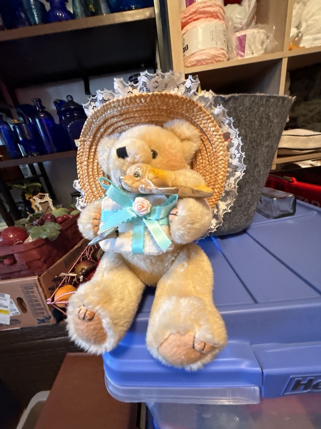Vintage Jointed Plush Teddy Bear Straw Hat Lace Blue Ribbon 2