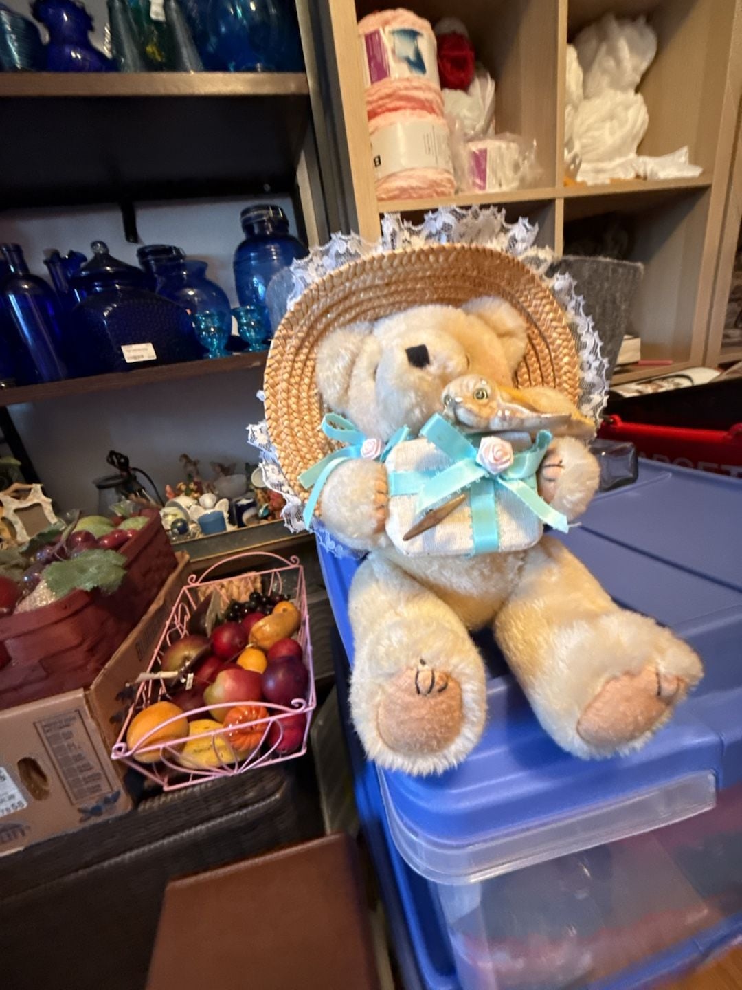 Vintage Jointed Plush Teddy Bear Straw Hat Lace Blue Ribbon 3