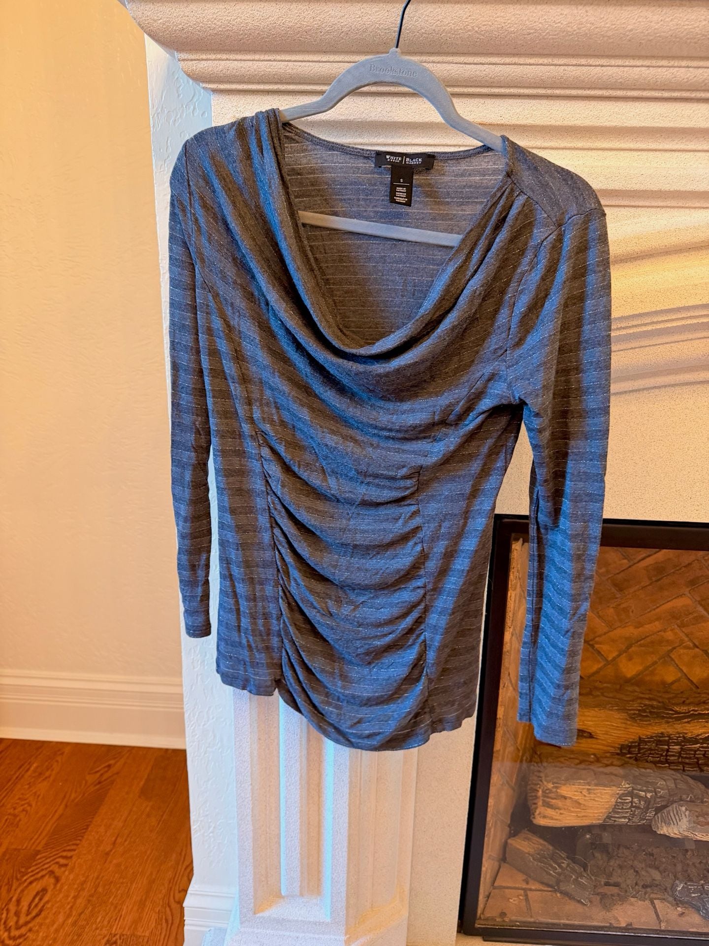 White House Black Market Cowl Neck Top Size S Gray Striped Ruched Blouse 2
