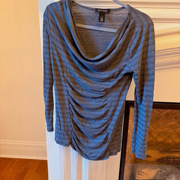 White House Black Market Cowl Neck Top Size S Gray Striped Ruched Blouse