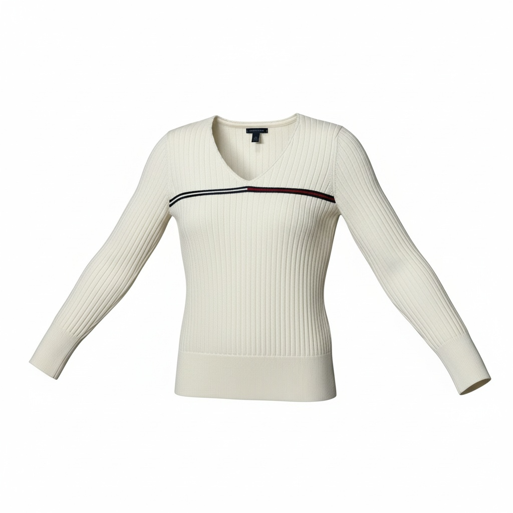 Tommy Hilfiger V-Neck Ribbed Sweater Size L Off-White 2