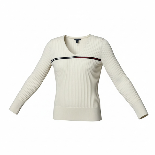 Tommy Hilfiger V-Neck Ribbed Sweater Size L Off-White