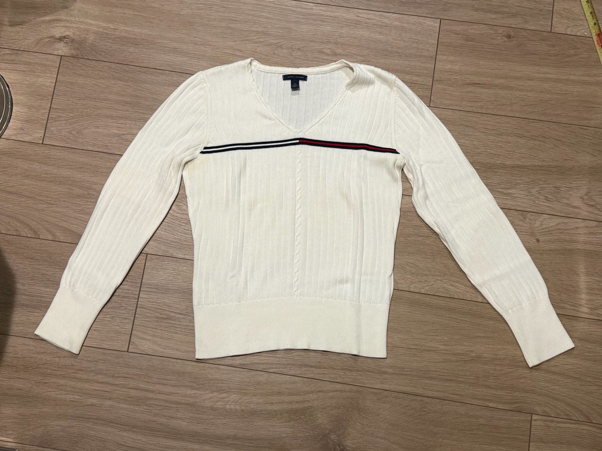 Tommy Hilfiger V-Neck Ribbed Sweater Size L Off-White 3