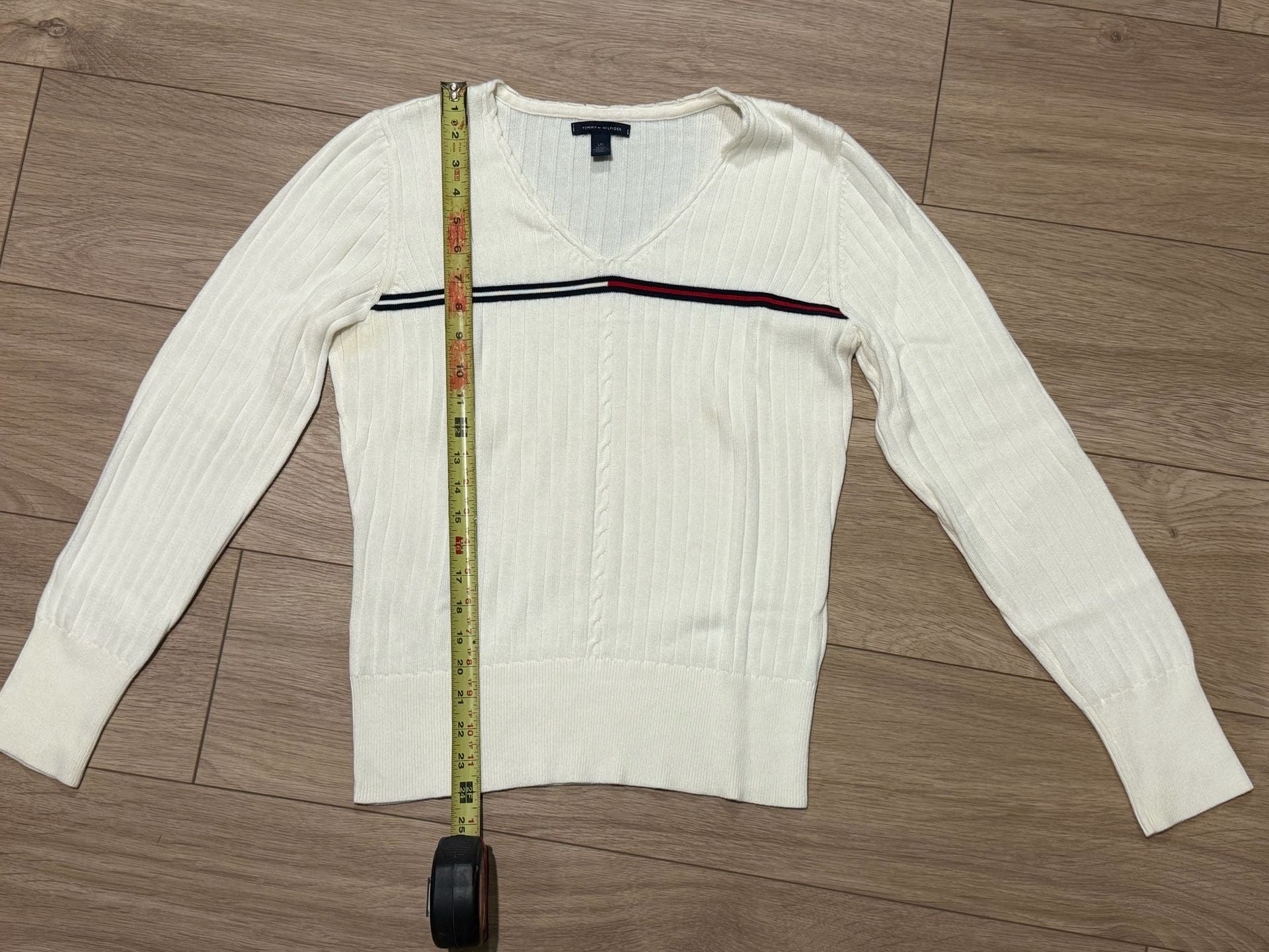 Tommy Hilfiger V-Neck Ribbed Sweater Size L Off-White 4
