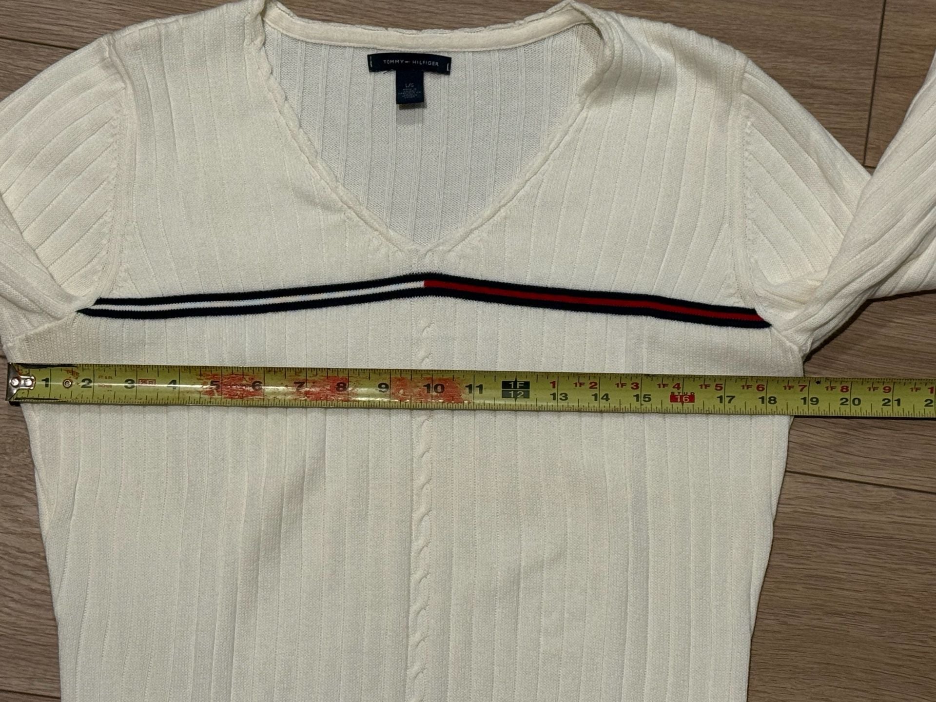 Tommy Hilfiger V-Neck Ribbed Sweater Size L Off-White 6