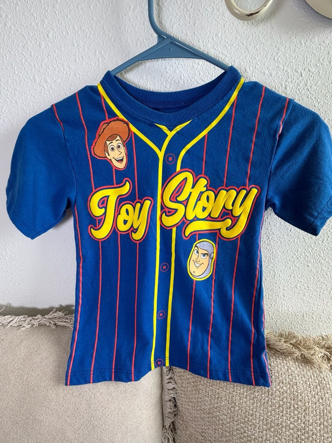 Disney Toy Story Baseball Jersey Size 4 Blue Woody Buzz Lightyear 1