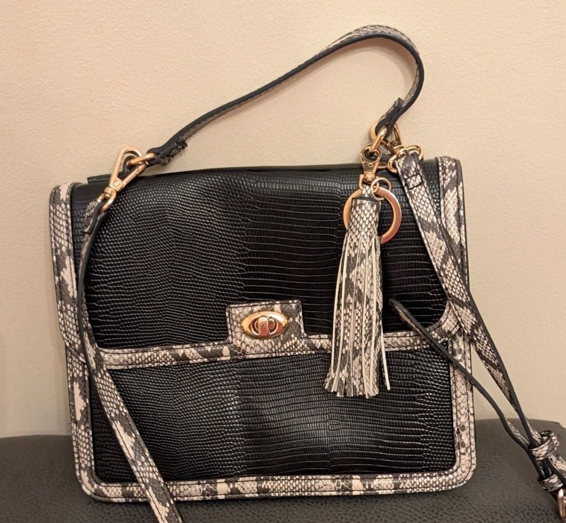 Rachel Zoe Black Faux Snakeskin Satchel Handbag with Gold Tassel Charm 2