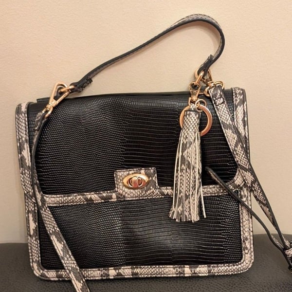 Rachel Zoe Black Faux Snakeskin Satchel Handbag with Gold Tassel Charm